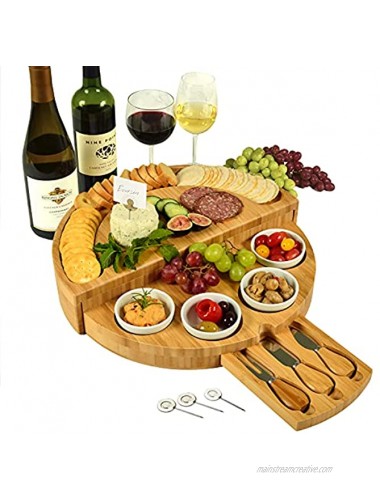 Picnic at Ascot Patented 15 Diameter Cheese Chacuterie Board incorporates Bowls and Knife set & Cheese Markers. Designed & Quality Checked in USA