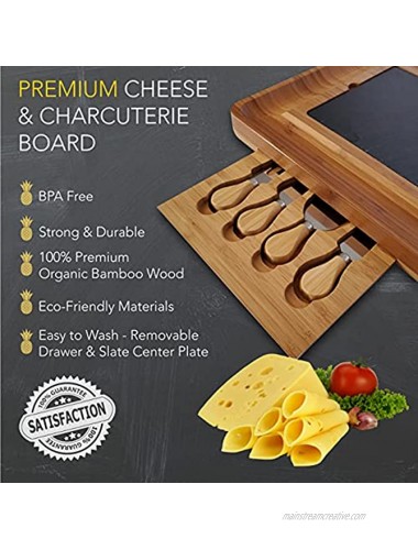 Premium Bamboo Wood Cheese Board and Knife Set Charcuterie Board Platter Slate Cheese Plate & Slide-Out Drawer with 4-Piece Stainless Steel Cutlery Set