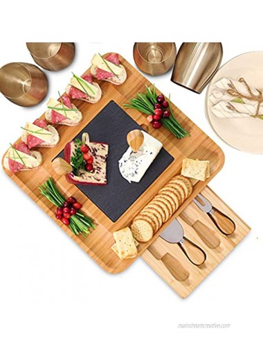 Premium Bamboo Wood Cheese Board and Knife Set Charcuterie Board Platter Slate Cheese Plate & Slide-Out Drawer with 4-Piece Stainless Steel Cutlery Set