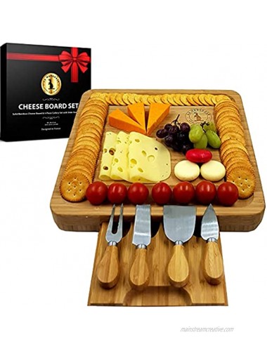 Premium Giftable Modern Cheese Board & Knife Set with Hidden Drawer 4 Stainless-Steel Serving Utensils Cracker Groove Large Square Cutting Plate in Natural Organic Bamboo Wood Serving Dish Platter