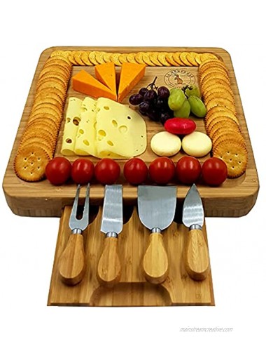 Premium Giftable Modern Cheese Board & Knife Set with Hidden Drawer 4 Stainless-Steel Serving Utensils Cracker Groove Large Square Cutting Plate in Natural Organic Bamboo Wood Serving Dish Platter