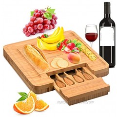 Qisebin Bamboo Cheese Set with Cutlery in Slide-Out Drawer Including 4 Stainless Steel Utensils Perfect Charcuterie Board and Serving Tray for Entertaining or Gift Giving One Size