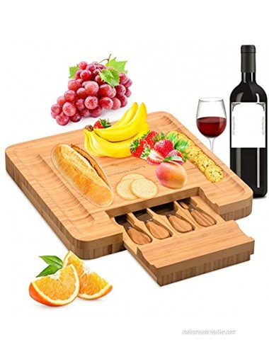 Qisebin Bamboo Cheese Set with Cutlery in Slide-Out Drawer Including 4 Stainless Steel Utensils Perfect Charcuterie Board and Serving Tray for Entertaining or Gift Giving One Size