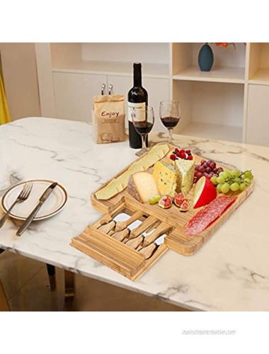 Tangkula Bamboo Cheese Board and Stainless Knife Set Charcuterie Platter With Slide-out Drawer Bamboo Charcuterie Board for Cheese Crackers Brie and Meat