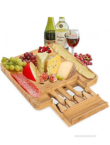 Tangkula Bamboo Cheese Board and Stainless Knife Set Charcuterie Platter With Slide-out Drawer Bamboo Charcuterie Board for Cheese Crackers Brie and Meat