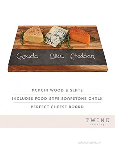 Twine Rustic Farmhouse Wood with Slate Cheese Board and Chalk Set Acacia Wood and Natural Slate Cutting Board Soapstone Chalk 15 by 11 Gourmet Gift Set