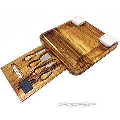 URBAN VII Cheese Board and Knife Set 13 x 13 x 1.5" 100% Natural Acacia Wood Charcuterie Board Set with 2 Ceramic Bowls 4 Cheese Knives Cheese Labels Birthday Wedding or Housewarming Gift