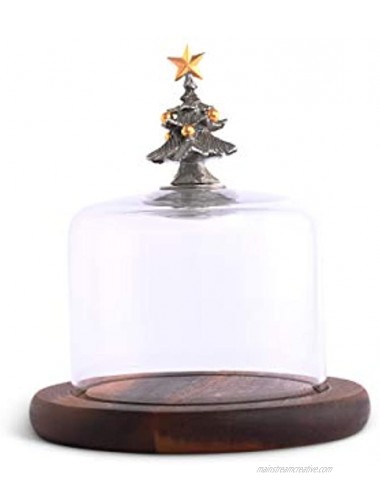 Vagabond House Glass Covered Cheese Dome with Acacia Wood Board and Pewter Christmas Tree Knob 7 inch Diameter x 7 inch Tall