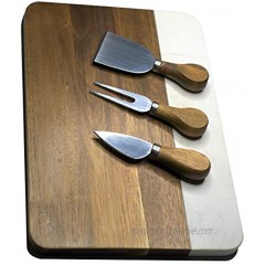 White Marble & Acacia Wooden Cheese Board Includes 3 Piece Cheese Utensil Set 12x8 Charcuterie Platter