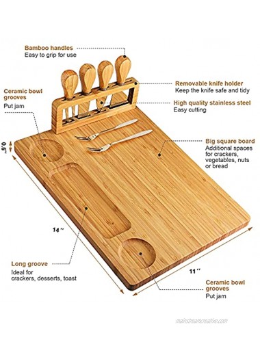 Xergur Bamboo Cheese Board Set Charcuterie Boards and Serving Meat Platter Cheese Tray with 4 Stainless Steel Cheese Knives Cutting Board Platter Ideal for Halloween Wedding Christmas Gifts
