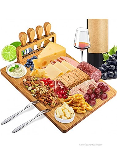 Xergur Bamboo Cheese Board Set Charcuterie Boards and Serving Meat Platter Cheese Tray with 4 Stainless Steel Cheese Knives Cutting Board Platter Ideal for Halloween Wedding Christmas Gifts