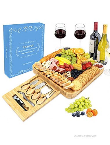 Yearvot Cheese Board and Knife Set Charcuterie Platter and Serving Tray for Wine Crackers Brie and Meat Cheese Plate Cutting Set for Wine Opener Gift for Housewarming Birthdays Wedding