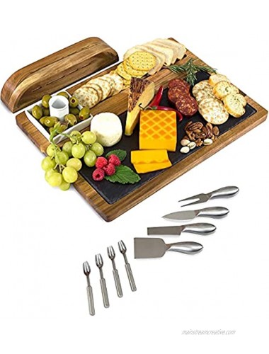 Zelancio Slate Cheese Board Set 12-Piece Charcuterie Set Includes 4 Stainless Steel Cheese Knives Bigger Acacia Serving Tray with Slate Board and Wood Tool Holder