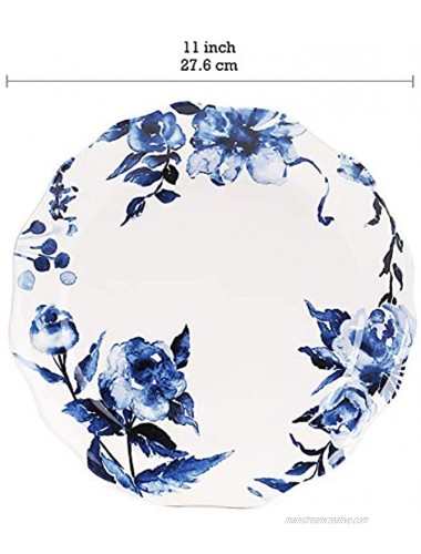 Bico Watercolor Blue Flower Scalloped Dinner Plates Ceramic 11 inch Set of 4 for Pasta Salad Maincourse Microwave & Dishwasher Safe