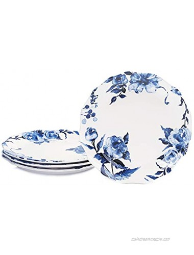 Bico Watercolor Blue Flower Scalloped Dinner Plates Ceramic 11 inch Set of 4 for Pasta Salad Maincourse Microwave & Dishwasher Safe