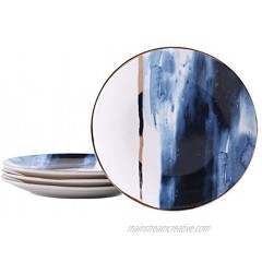 Bico Watercolor Marble Gold Navy Blue Porcelain 8 inch Salad Plates Set of 4 for Salad Appetizer Microwave Safe & Handwash Suggested