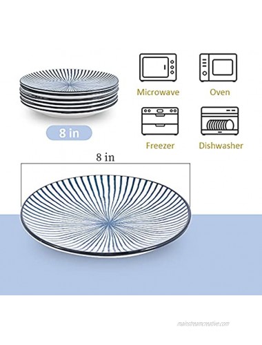 Blue Plate Set 8 Inch Salad Plates | Dessert Appetizer Plates Porcelain Lunch Plates Set of 6 Dishwasher and Microwave Safe