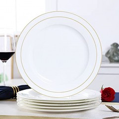 DUJUST 1st-Class Bone-china White Dinner Plate Set of 6 10in Luxury Design with Handcrafted Golden Trim Top Grade Porcelain Kitchen Plate Set for Salad Pasta Chip Resistant & Lead-Free