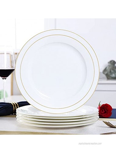 DUJUST 1st-Class Bone-china White Dinner Plate Set of 6 10in Luxury Design with Handcrafted Golden Trim Top Grade Porcelain Kitchen Plate Set for Salad Pasta Chip Resistant & Lead-Free