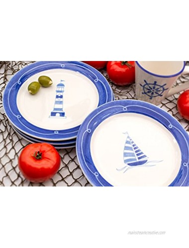Euro Ceramica Ahoy Collection Nautical 8.7 Ceramic Salad Dessert Plates Set of 4 Assorted Designs Blue & White