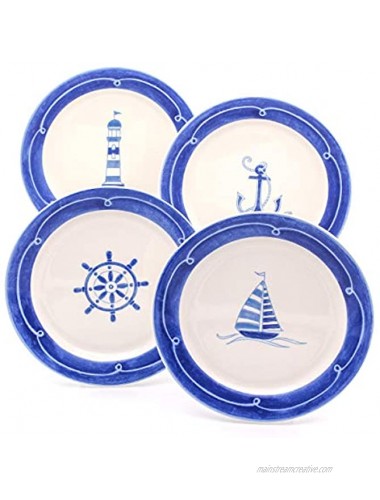 Euro Ceramica Ahoy Collection Nautical 8.7 Ceramic Salad Dessert Plates Set of 4 Assorted Designs Blue & White