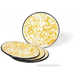 Red Co. Set of 4 Enamelware Metal Classic 8 inch Round Salad Plate Yellow Marble Black Rim Splatter Design