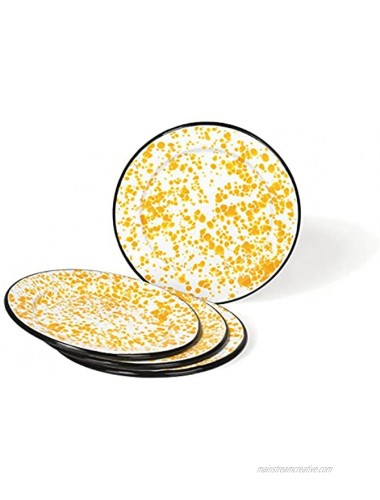 Red Co. Set of 4 Enamelware Metal Classic 8 inch Round Salad Plate Yellow Marble Black Rim Splatter Design