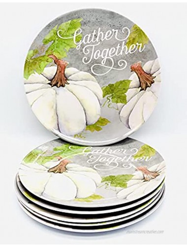 Set of 6 Thanksgiving Fall Themed Melamine Dinnerware Dessert Appetizer Salad Plates White Pumpkin
