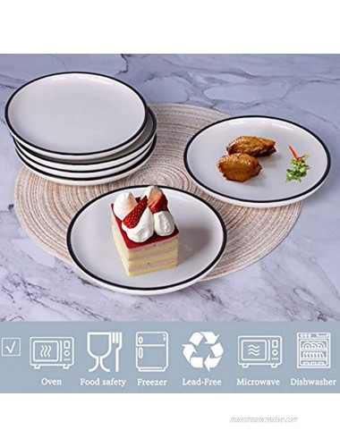 AQUIVER 6'' Ceramic Dessert Plates Porcelain Classic White Appetizer Plates with Black Edge Tea Party Small Serving Plates for Cake Pie Snacks Ice Cream Side Dish Waffles Set of 6