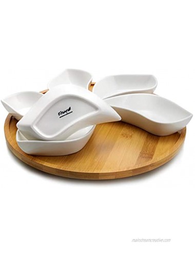 Elama Ceramic Stoneware Condiment Appetizer Set 7 Piece Wavy Round in White and Natural Bamboo
