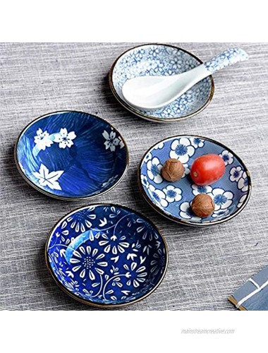 Sizikato 4pcs Blue and White Floral Ceramic Soy Sauce Dipping Bowls Side Dishes for Snack Sushi Fruit Appetizer Dessert. 3.8 Inches