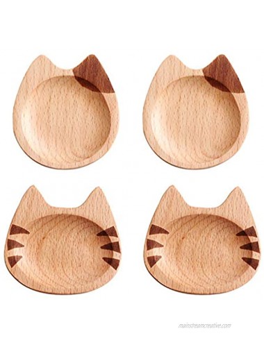 YAIKOAI 4 Pieces Wood Sauce Dishes Adorable Cat-shaped Dipping Bowls Snack Seasoning Kimchi Appetizer Plates Japanese Style Tray Serving Dish for Kitchen Restaurant Party