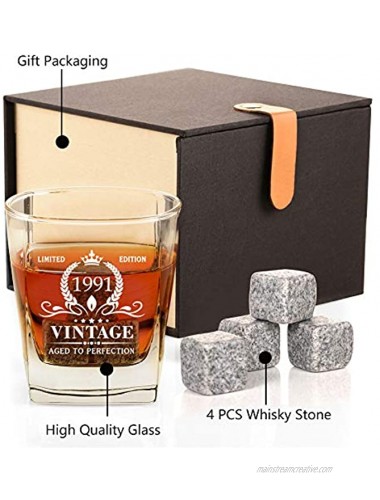 30th Birthday Gifts for Men Vintage 1991 Whiskey Glass and Stones Funny 30 Birthday Gift for Dad Husband Brother Son 30th Anniversary Present Ideas for Him 30 Bday Decorations 12OZ