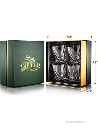 Amerigo Premium Whiskey Glass Set of 4 in Luxury Gift Box Twist Whiskey Glasses 10oz for Scotch Bourbon & Old Fashioned Cocktails Whisky Gift for Men Glass Tumblers Fathers Day Gift Bar Set