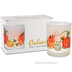 Culver Holiday Decorated Frosted Double Old Fashioned Tumbler Glasses 13.5-Ounce Gift Boxed Set of 2 Harvest Pumpkins