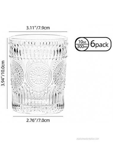 CZUMJJ 10 oz Romantic Water Glasses 6 Pack Premium Drinking Glasses Tumblers Vintage Glassware Set Whiskey Glasses Set Perfect for Drinking Whiskey Juice Beverages Beer Cocktail