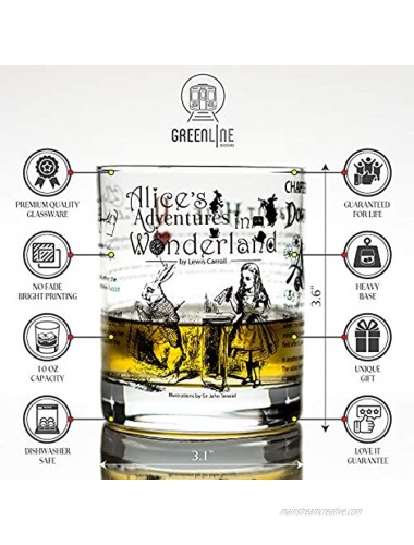 Greenline Goods Whiskey Glasses Alice in Wonderland Set of 2 | Literature Rocks Glass with Lewis Carroll Book Images & Writing