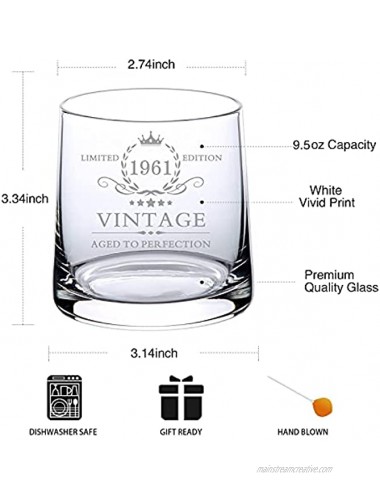 Happy 60th Birthday Gift for Men Funny Gag 60 Years Old Gifts for Him 60th Bday Year Gift Ideas for Man Party Decorations Supplies Turning 60 for Dad Husband Vintage 1961 Whiskey Glass 9.5oz