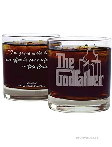 Movies On Glass Double-Sided Godfather Whiskey Glass 11oz with Quote “I’m gonna make him an offer he can’t refuse” ~ Vito Corleone | Officially Licensed Special Edition Etched | Dishwasher Safe