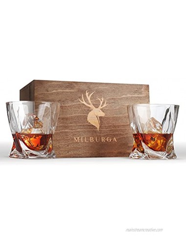 Premium Quality Whiskey Glasses Set of 2 in Hand Crafted Wooden Box – Lead-Free Crystal Old Fashioned Tasting Tumblers For Scotch Whisky Liquor Bourbon 10 oz. Luxury Gift Set For Men or Women