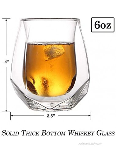 Whiskey Glasses Set of 2 Premium Hand Blown Lead-Free Double Wall Bar Glass with Elegant Box for Drinking Scotch Cocktail Bourbon Great Tumblers Gift for Father's Day Dad's Birthday or Wine Lovers