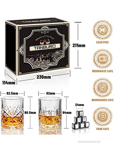 Whiskey Glasses Set of 4 Rocks Glasses with Whiskey Chilling Stones & Coasters 12oz Old Fashioned Glasses Gift Set Bourbon Scotch Glass for Father's Day Men Dad Husband Boyfriend Birthday