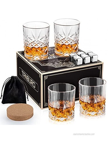 Whiskey Glasses Set of 4 Rocks Glasses with Whiskey Chilling Stones & Coasters 12oz Old Fashioned Glasses Gift Set Bourbon Scotch Glass for Father's Day Men Dad Husband Boyfriend Birthday