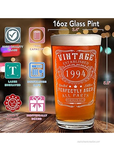27th Birthday Perfectly Aged 27 Years Old Established 1994 Vintage Laser Engraved 16 oz Beer Pint Drinking Glasses For Men