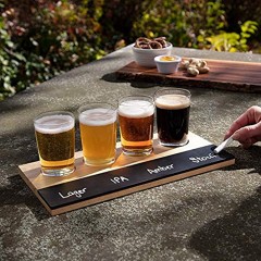 Beer Tasting Flight Sampler Set 4 6oz Pilsner Craft Brew Glasses w Paddle and Chalkboard Great Holiday Gift