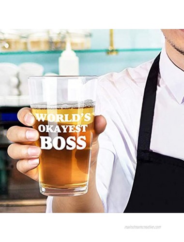 Boss Gifts World's Okayest Boss Beer Glass Boss Beer Pint Glass 15Oz for Men Boss Coworkers Friends Husband Brother Gift Idea for Bosses Day Birthday Retirement Christmas