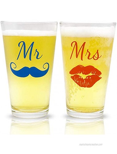 Mr. and Mrs. Pint Beer Glasses Gift Set | Perfect Christmas Glass Gift Funny Engagement or Wedding Present | Perfect for Valentines Day Newlyweds Anniversary Presents Bride and Groom and Couples