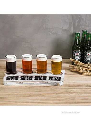 MyGift 4-Glass Whitewashed Wood Beer Flight Sampler Serving Tray with Chalkboard Labels Set of 2