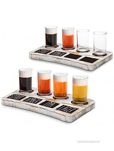 MyGift 4-Glass Whitewashed Wood Beer Flight Sampler Serving Tray with Chalkboard Labels Set of 2