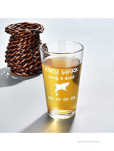 Uncle Shark Beer Pint Glass Funny Uncle Beer Glass 15Oz Unique Beer Pint Glass Gift for Christmas Birthday Fathers Day Thanksgiving White Elephant from Nephew Niece